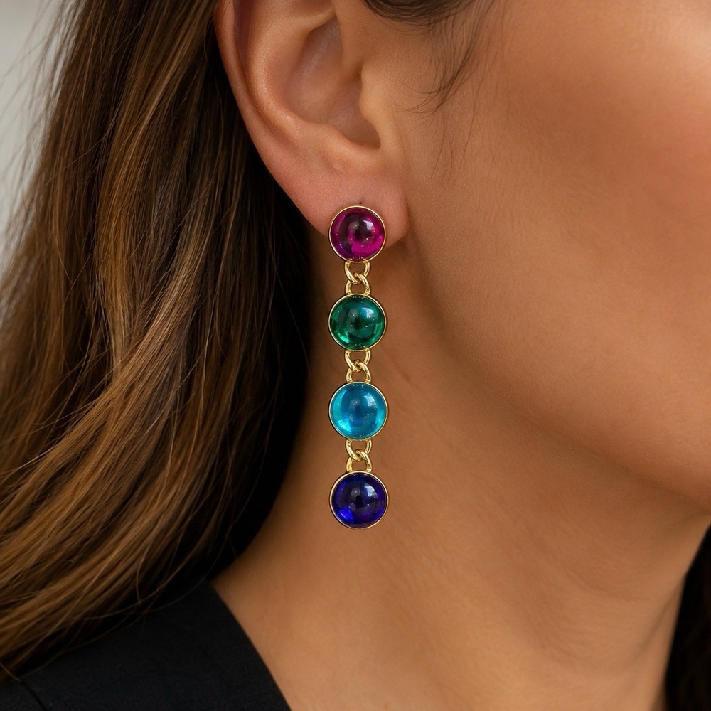 VTG Don Lin Gold Tone Multicolor Cabochon Dangle Earrings 3" Signed Statement
